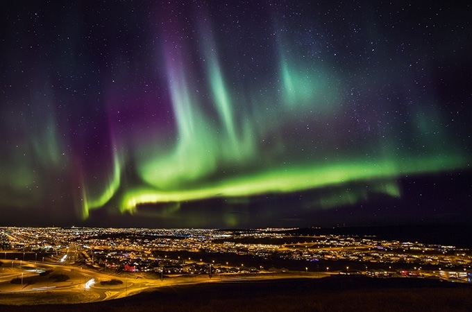 The Northern Lights as seen over the Reykjavik region