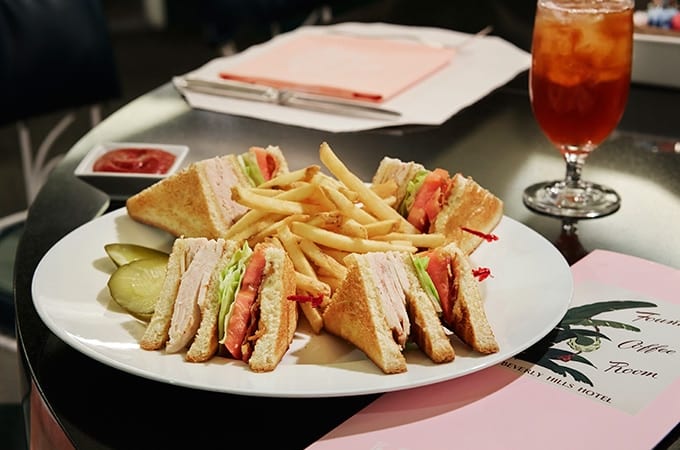 Sandwich which fries and a drink at the Fountain Coffee Room in Beverly Hills Hotel