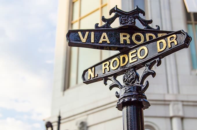 Street sign or post with street name for Rodeo Drive