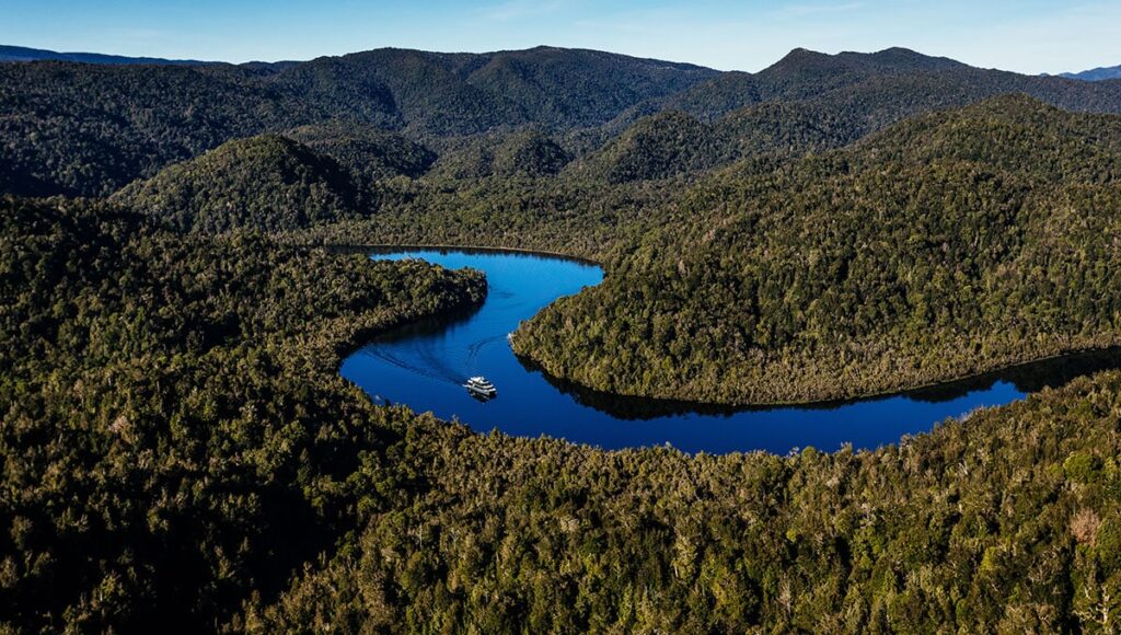 yacht cruising on the Gordon River in Tasmania with surrounding lush green forest and trees