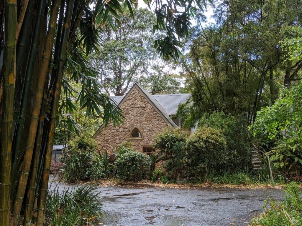 a stone cabin in the middle of the woods with surrounding lush greeneries, trees. and bamboo at Witches Falls Cottages in The Gold Coast Hinterland.
