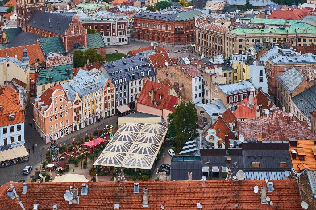 Europe-Riga-Latvia-drone-shot-of-the-city-busy-street