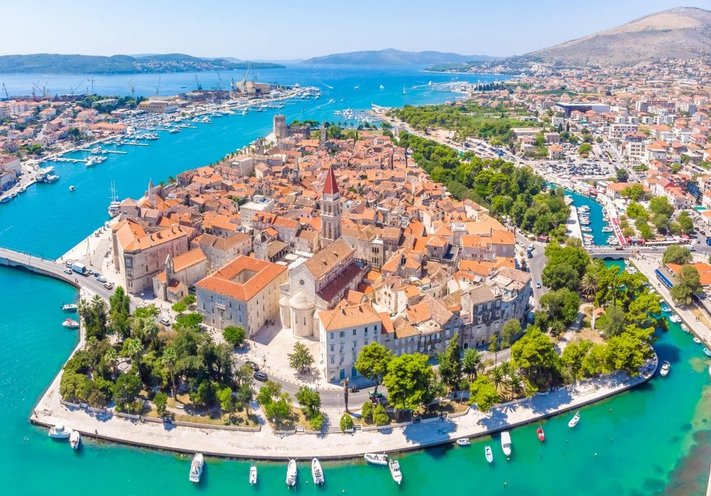 Europe-Trogir-Croatia-drone-shot-of-the-city-or-the-whole-island