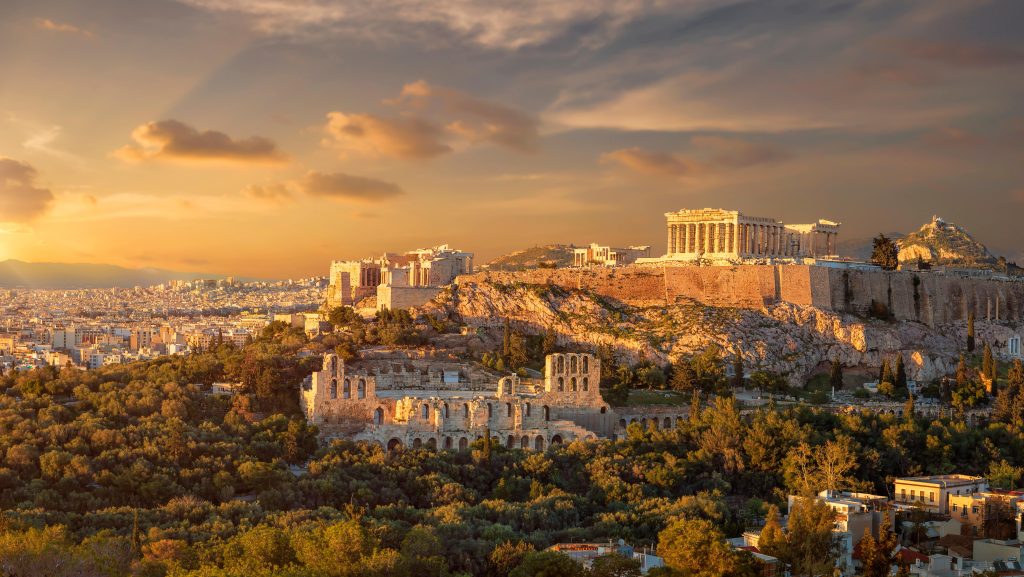 Wide angle shot of the Akropolis of Athens Greece during Sunset