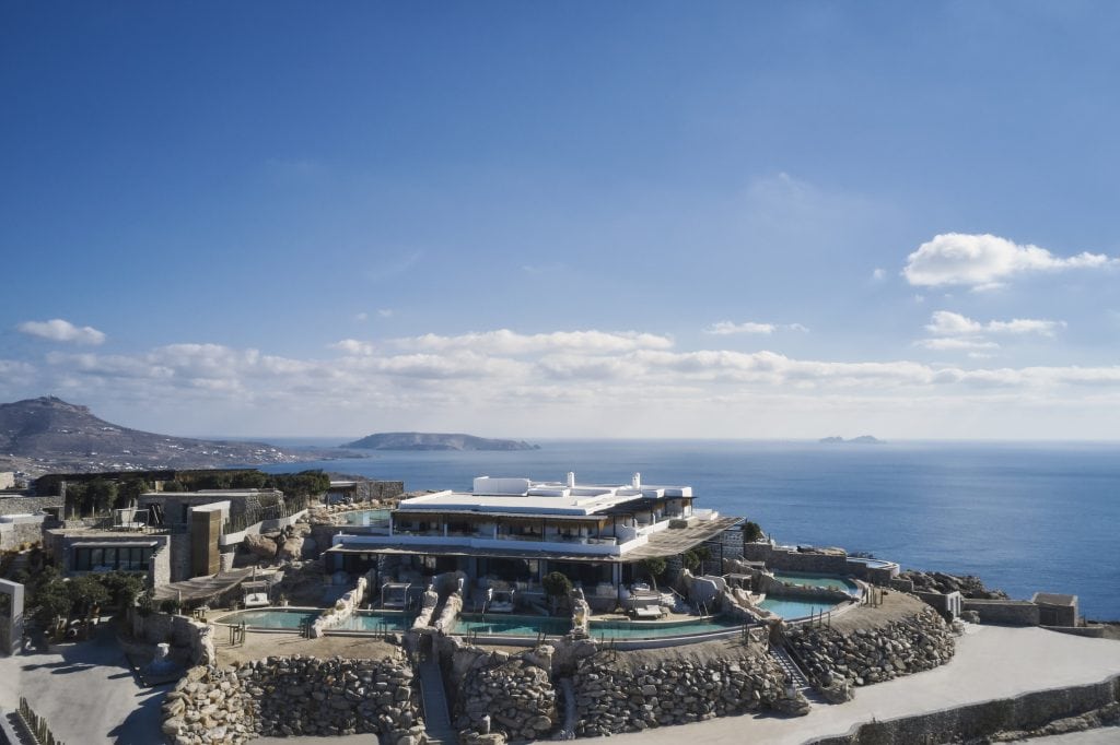 drone shot of the Panoptis Escape hotel with panoramic views of the beach in Mykonos
