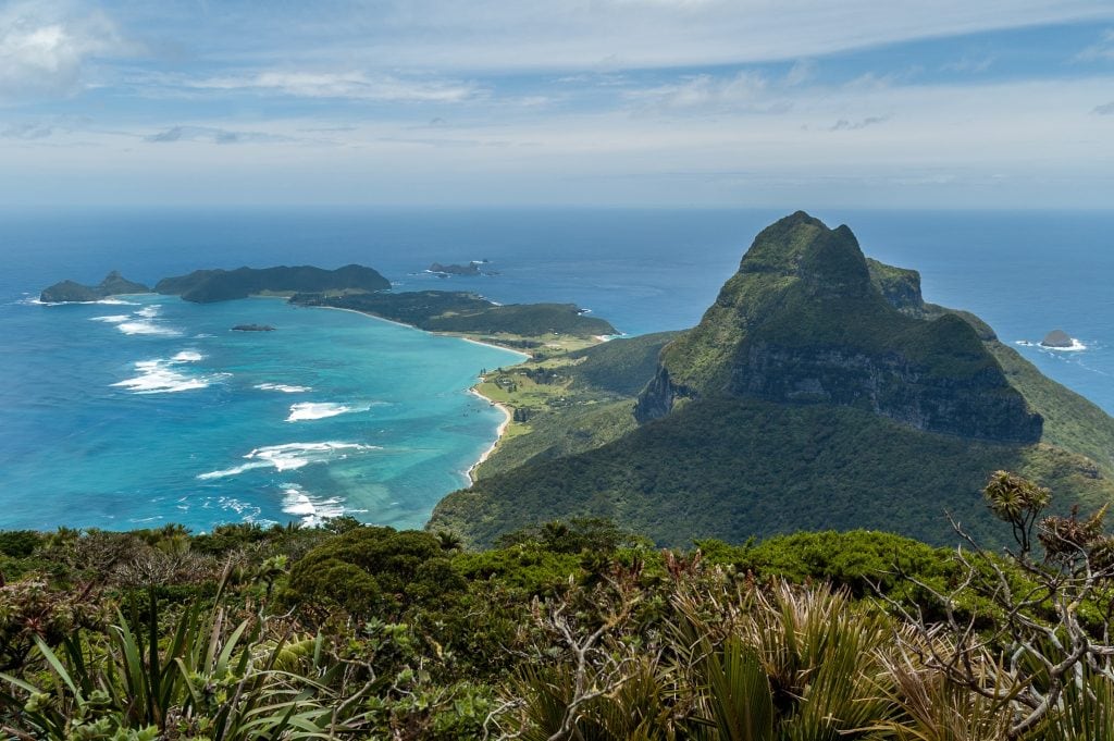 Looking down along the length of Lord Howe Island from the top of Mount Gower. 