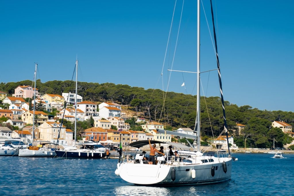 White yacht in the Adriatic sea Kvarner bay on Croatia islands Cres and Lošinj