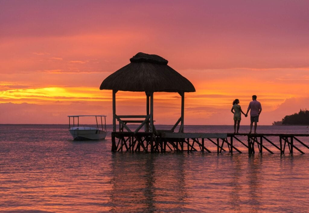 Honeymoon couple sunset Mauritius
