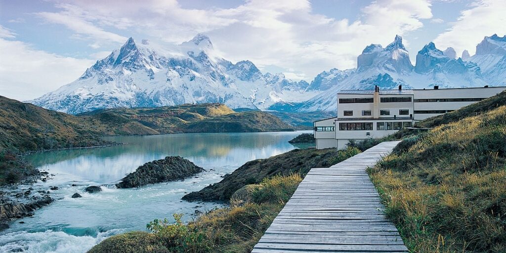 Explora Patagonia Hotel Salto Chico, Torres del Paine National Park, Torres de Paine, Magallanes y la Antártica Chilena, Chile- exterior with walkway to the hotel