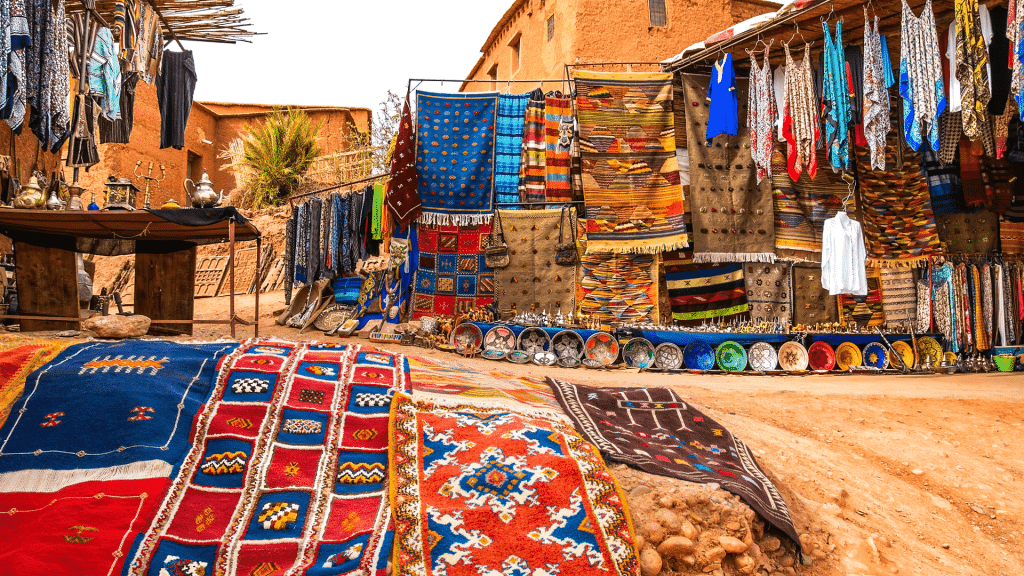 Souvenir shop in the open air in Kasbah Ait Ben Haddou near Ouarzazate in the Atlas Mountains of Morocco. Artistic picture. Beauty world. Culture