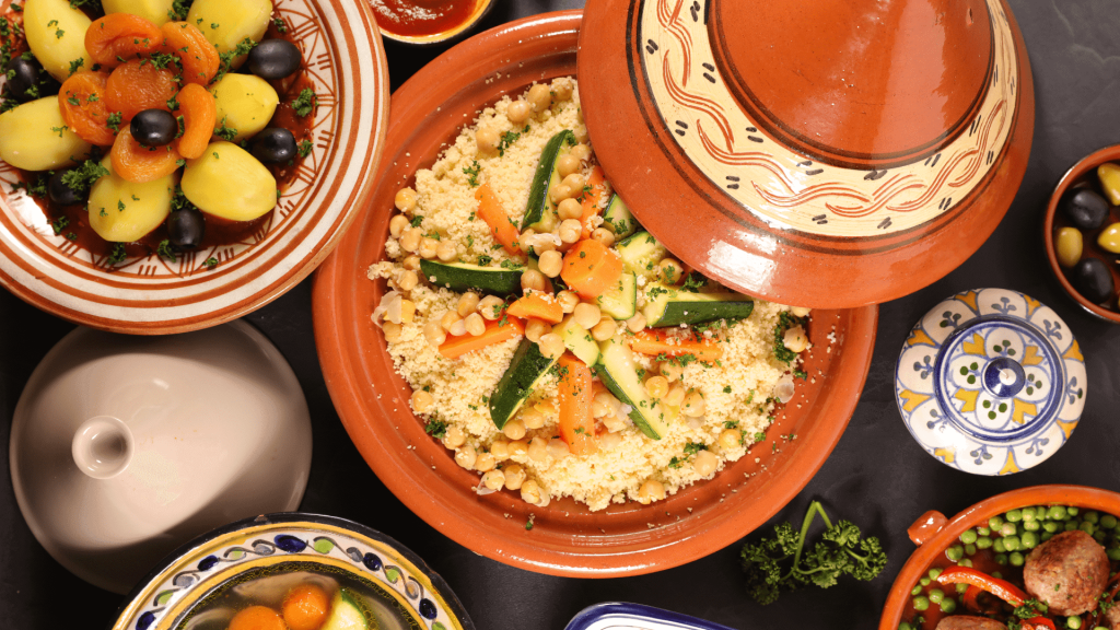assorted of moroccan dishes- couscous, tagine, meatball