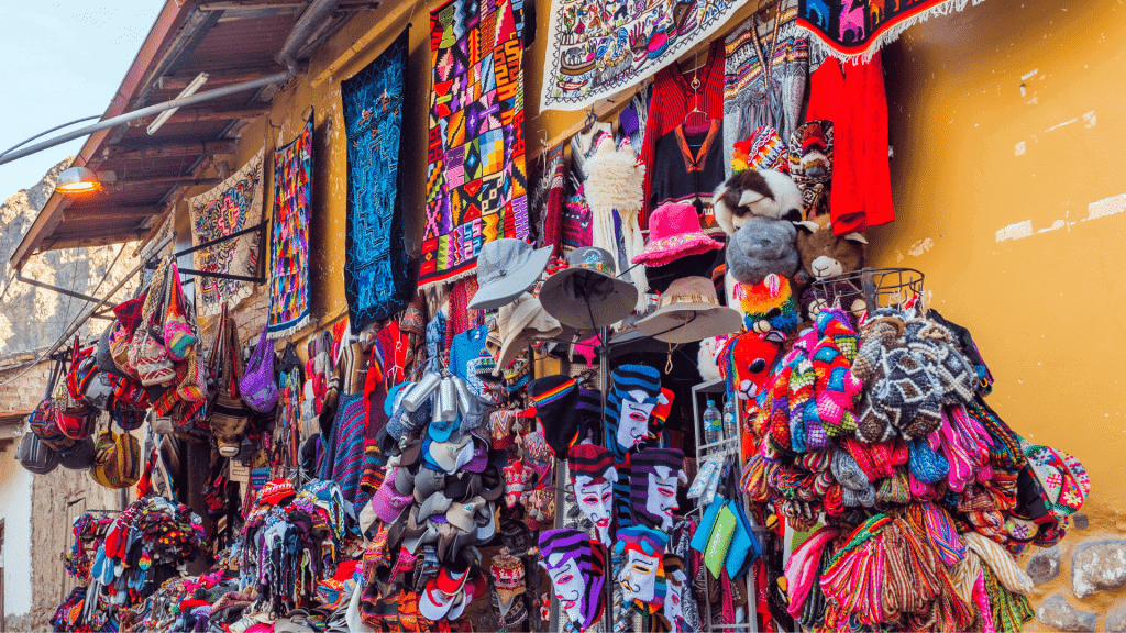 Colourful goods for sale in souvenir shop, Ollantaytambo, Peru