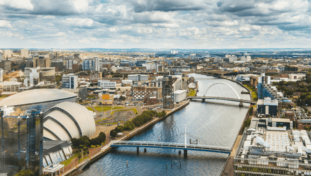 Glasgow in Scotland - aerial view of the cityscapes