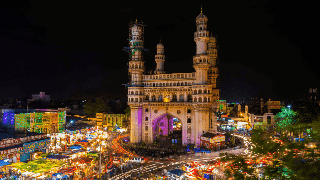 High Wide Angle View of Charminar in the Night, India
