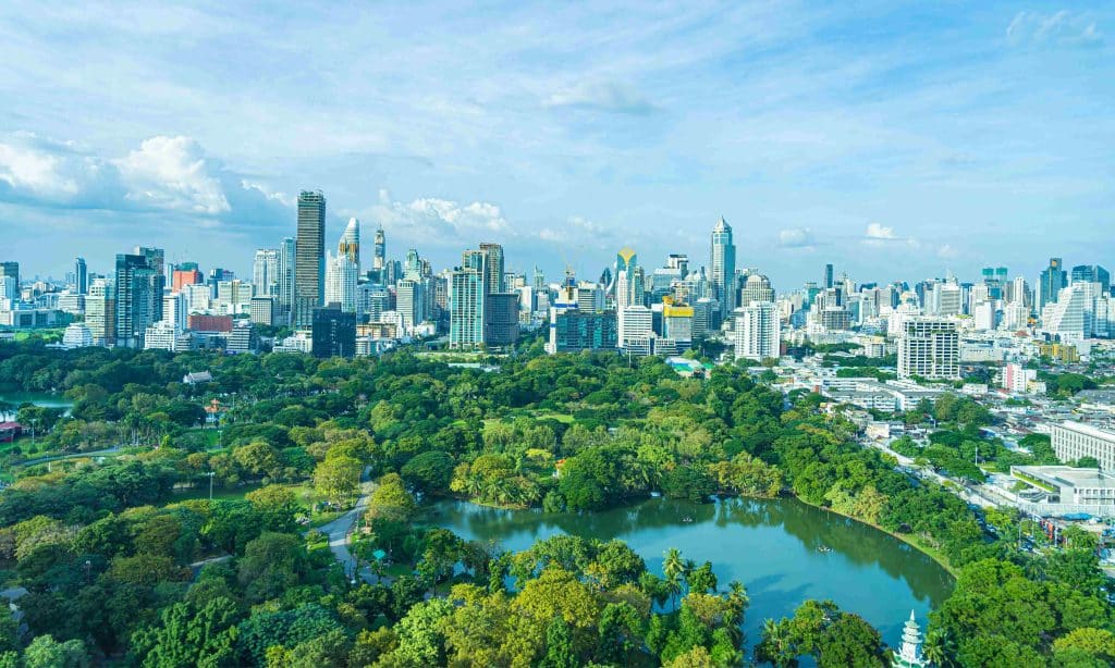 Aerial View of Lumphini Park Bangkok with city in background